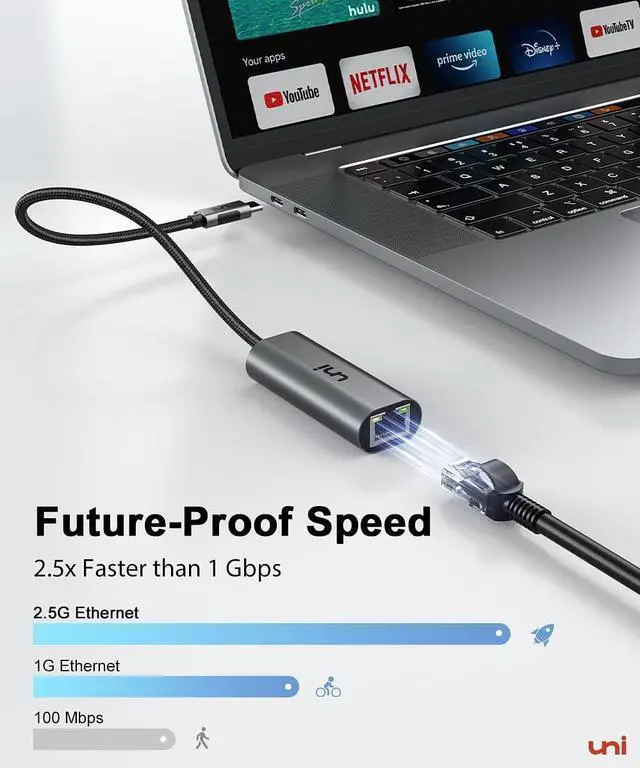 Alt view image 2 of 6 - uni USB-C to Ethernet Adapter 2.5 Gbps, Blazing Fast Type-C(Thunderbolt 4/3 Compatible) to RJ45 Adapter, Sturdy Aluminum Gigabit Network Adapter, for MacBook Pro/Air 2023, Laptops, PC, NAS, etc.