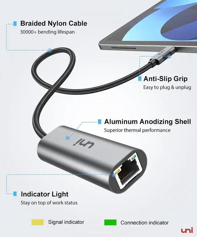 Alt view image 4 of 6 - uni USB-C to Ethernet Adapter 2.5 Gbps, Blazing Fast Type-C(Thunderbolt 4/3 Compatible) to RJ45 Adapter, Sturdy Aluminum Gigabit Network Adapter, for MacBook Pro/Air 2023, Laptops, PC, NAS, etc.