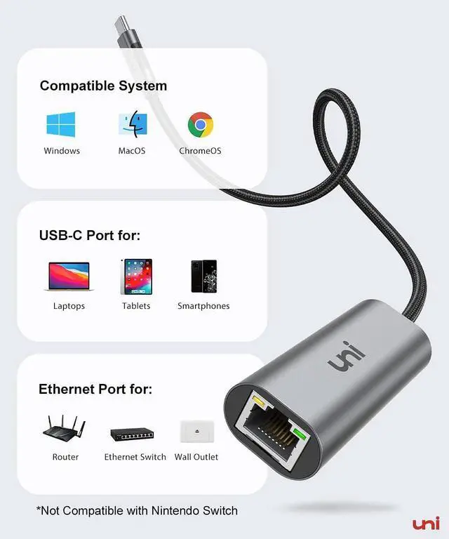 Alt view image 6 of 6 - uni USB-C to Ethernet Adapter 2.5 Gbps, Blazing Fast Type-C(Thunderbolt 4/3 Compatible) to RJ45 Adapter, Sturdy Aluminum Gigabit Network Adapter, for MacBook Pro/Air 2023, Laptops, PC, NAS, etc.