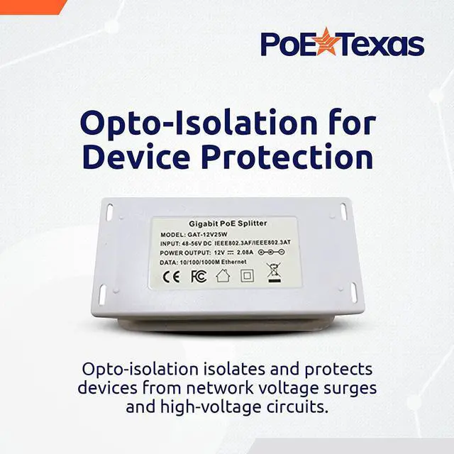 Alt view image 4 of 6 - 12 Volt PoE+ - IEEE 802.3at - Splitter Splits Power Over Ethernet to 12v DC & Gigabit Data with Opto-Isolation Protection for 12v 25w Devices, Tablets, Single Board Computers, PTZ Cameras