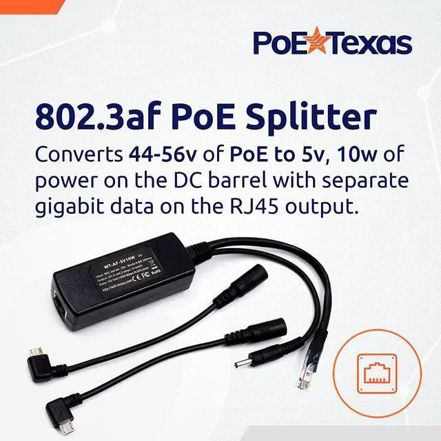 Alt view image 2 of 6 - PoE Texas 802.3af Power Over Ethernet PoE Splitter + MicroUSB Connectors, 5 Volts 10 Watts Output & Gigabit Data - for 5V Power to Tablets, Dropcam, Raspberry Pi, Right & Left Angle MicroUSB Adapters