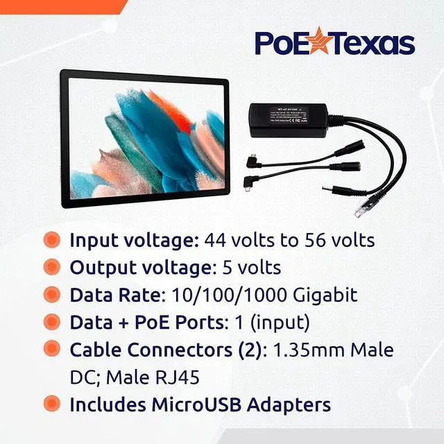 Alt view image 3 of 6 - PoE Texas 802.3af Power Over Ethernet PoE Splitter + MicroUSB Connectors, 5 Volts 10 Watts Output & Gigabit Data - for 5V Power to Tablets, Dropcam, Raspberry Pi, Right & Left Angle MicroUSB Adapters