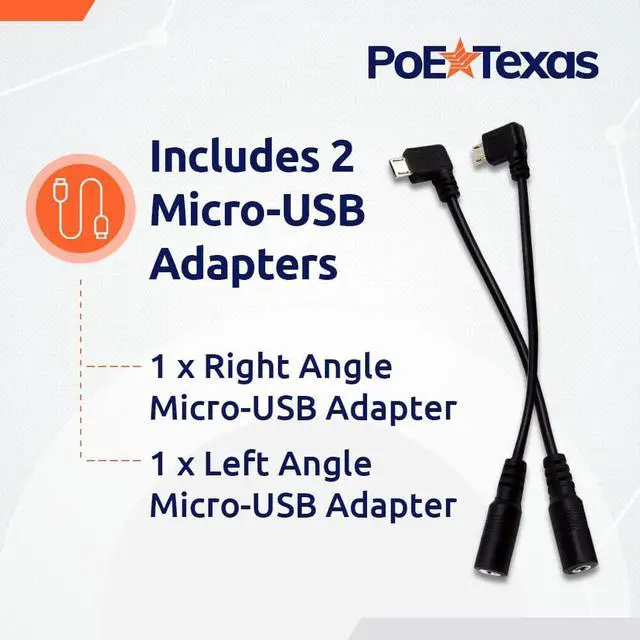 Alt view image 4 of 6 - PoE Texas 802.3af Power Over Ethernet PoE Splitter + MicroUSB Connectors, 5 Volts 10 Watts Output & Gigabit Data - for 5V Power to Tablets, Dropcam, Raspberry Pi, Right & Left Angle MicroUSB Adapters