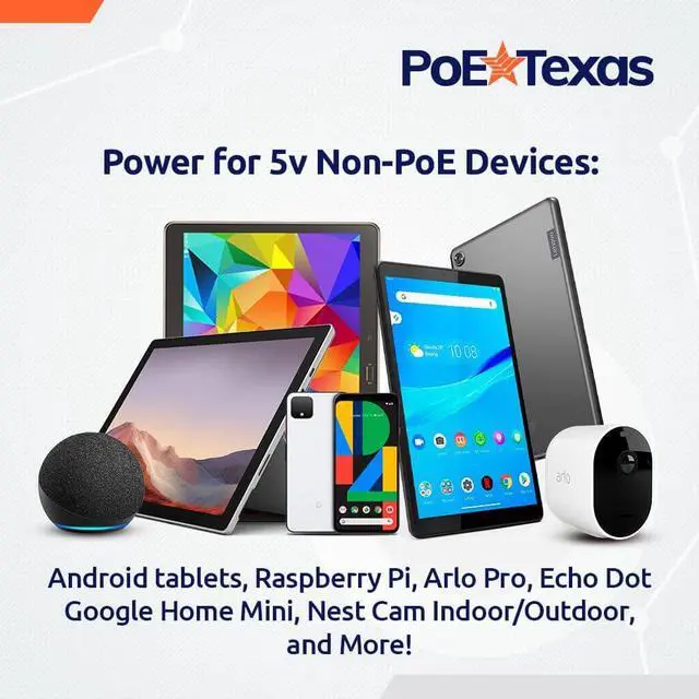 Alt view image 5 of 6 - PoE Texas 802.3af Power Over Ethernet PoE Splitter + MicroUSB Connectors, 5 Volts 10 Watts Output & Gigabit Data - for 5V Power to Tablets, Dropcam, Raspberry Pi, Right & Left Angle MicroUSB Adapters