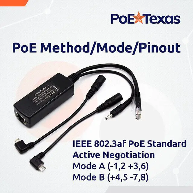 Alt view image 6 of 6 - PoE Texas 802.3af Power Over Ethernet PoE Splitter + MicroUSB Connectors, 5 Volts 10 Watts Output & Gigabit Data - for 5V Power to Tablets, Dropcam, Raspberry Pi, Right & Left Angle MicroUSB Adapters