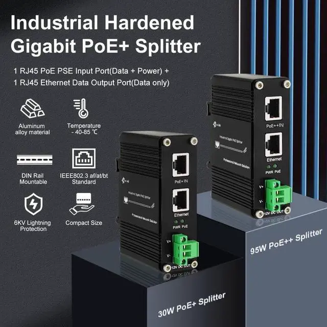 Alt view image 2 of 7 - PoE Splitter 12V 802.3bt Compliant Gigabit Port, Industrial 10/100/1000Mbps IEEE802.3bt Power Over Ethernet Splitter Adapter with 12V Output for Surveillance Camera CCTV/VoIP Phone