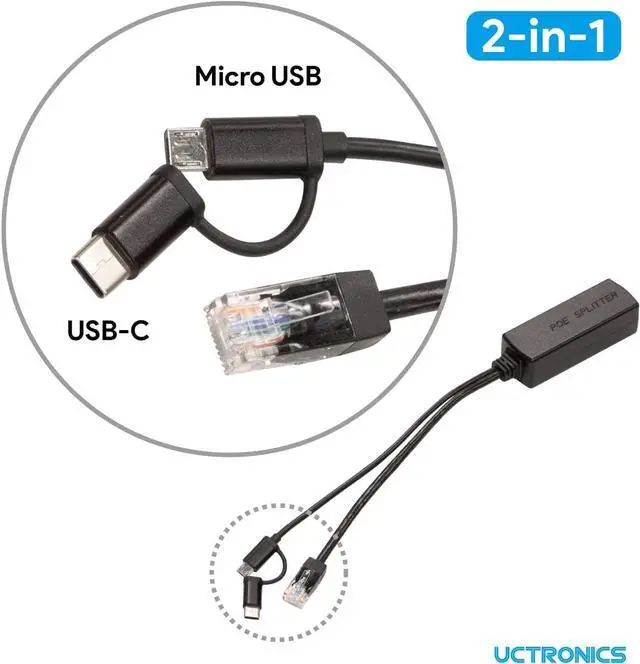 Alt view image 2 of 6 - UCTRONICS Gigabit PoE Splitter 5V 3A, 2-in-1 PoE to USB C/Micro USB Adapter, IEEE 802.3af/at Compliant 10/100/1000Mbps for Raspberry Pi 3/4, Security IP Cameras and More