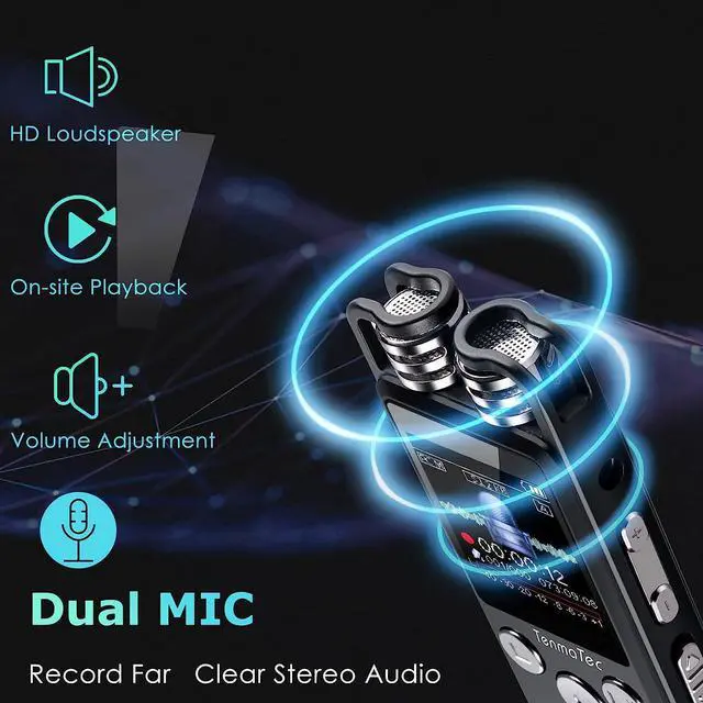 Alt view image 2 of 5 - TenmaTec Voice Recorder with Playback,80GB Voice Activated Recorder with DSP Noise Reduction,Dual Microphones, Mp3,Speaker,Password Protect,for Music,Overdubbing,Studio,Dictation,Interview