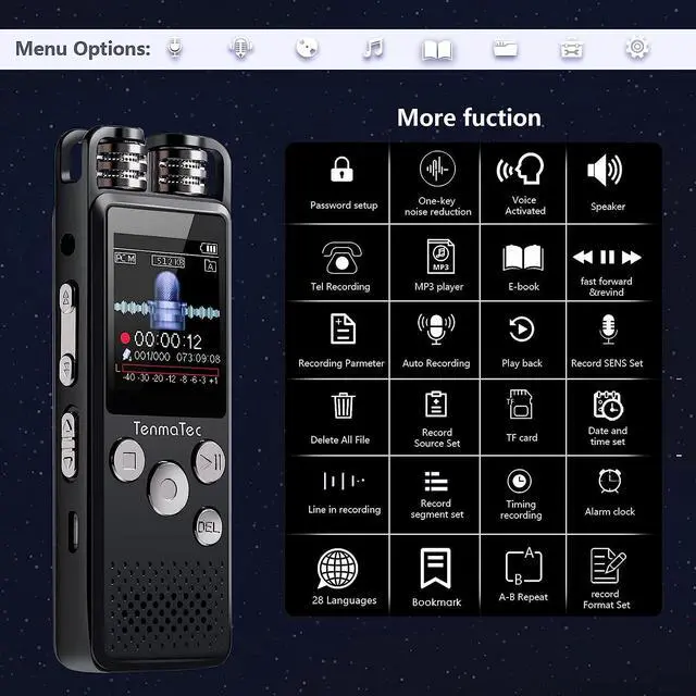 Alt view image 4 of 5 - TenmaTec Voice Recorder with Playback,80GB Voice Activated Recorder with DSP Noise Reduction,Dual Microphones, Mp3,Speaker,Password Protect,for Music,Overdubbing,Studio,Dictation,Interview