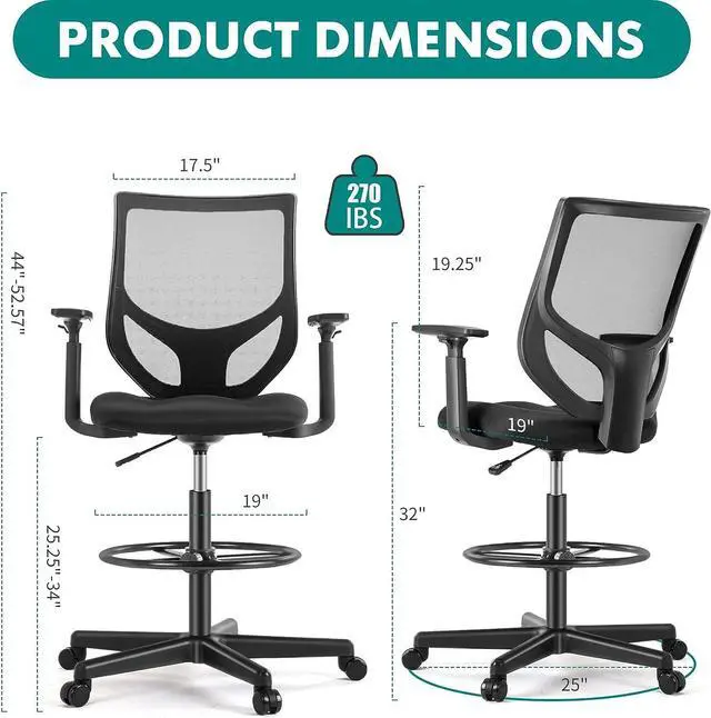 Alt view image 3 of 7 - B0B744NKYL Tall Drafting Chair - Tall Standing Office Desk Chair with Adjustable Foot Ring, Chair with Ergonomic Lumbar Support, Adjustable Height, Breathable Mesh Color: DarkBlack