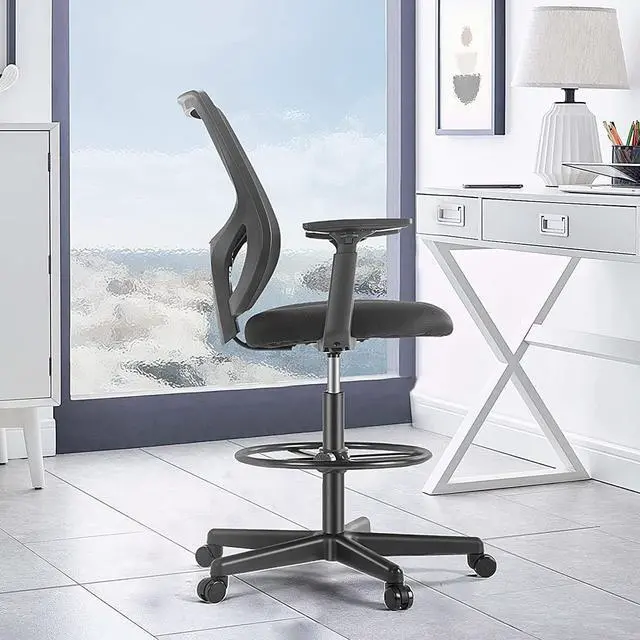 Alt view image 2 of 7 - B0B744NKYL Tall Drafting Chair - Tall Standing Office Desk Chair with Adjustable Foot Ring, Chair with Ergonomic Lumbar Support, Adjustable Height, Breathable Mesh Color: DarkBlack