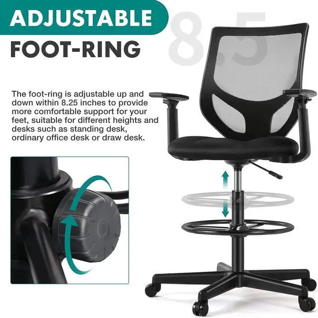 Alt view image 6 of 7 - B0B744NKYL Tall Drafting Chair - Tall Standing Office Desk Chair with Adjustable Foot Ring, Chair with Ergonomic Lumbar Support, Adjustable Height, Breathable Mesh Color: DarkBlack