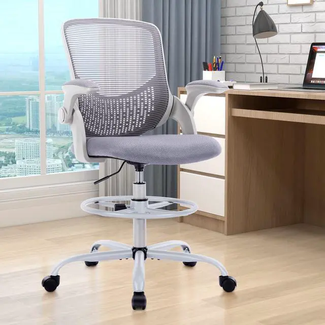 Alt view image 2 of 7 - Tall Office Chair, Drafting Chair, Standing Desk Chair, High Adjustable Office Mesh Chair, Ergonomic Counter Height Computer Rolling Chair with Flip-up Armrests and Foot-Ring for Bar Height Desk
