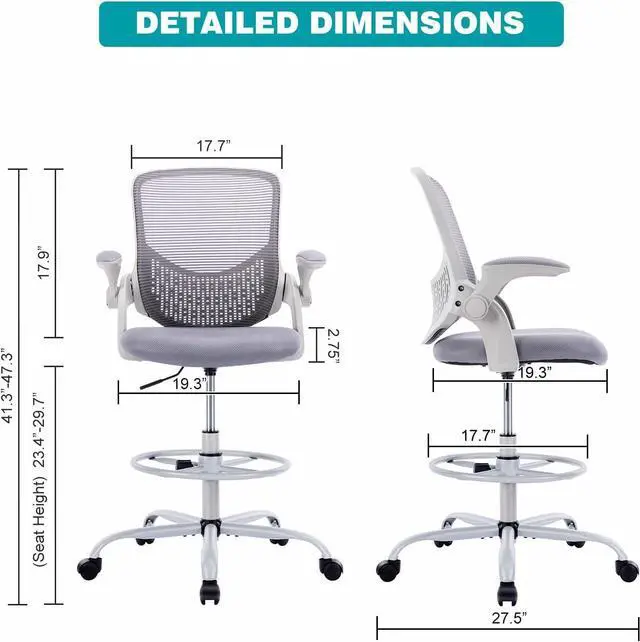 Alt view image 3 of 7 - Tall Office Chair, Drafting Chair, Standing Desk Chair, High Adjustable Office Mesh Chair, Ergonomic Counter Height Computer Rolling Chair with Flip-up Armrests and Foot-Ring for Bar Height Desk