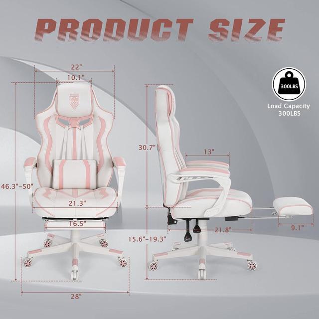 Alt view image 5 of 7 - Vonesse Pink Gaming Chair Gaming Chairs for Adults PC Game Chair for Girls Racing Style Reclining Computer Chair with Footrest Office Swivel Ergonomic Gaming Computer Chair with Massage High Back