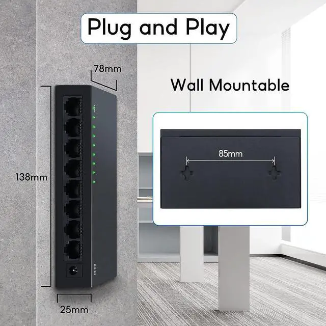 Alt view image 6 of 7 - SODOLA 8 Port Gigabit Ethernet Switch|Desktop/Wall-Mount|Plug & Play| Fanless |Metal Housing|Fanless Design|Desktop Ethernet Splitter|Quiet Unmanaged Network Switch