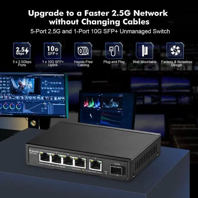 Alt view image 2 of 7 - MokerLink 5 Port 2.5G Ethernet Switch with 10G SFP, 5 x 2.5G Base-T Ports Compatible with 10/100/1000Mbps, Metal Unmanaged Fanless Network Switch