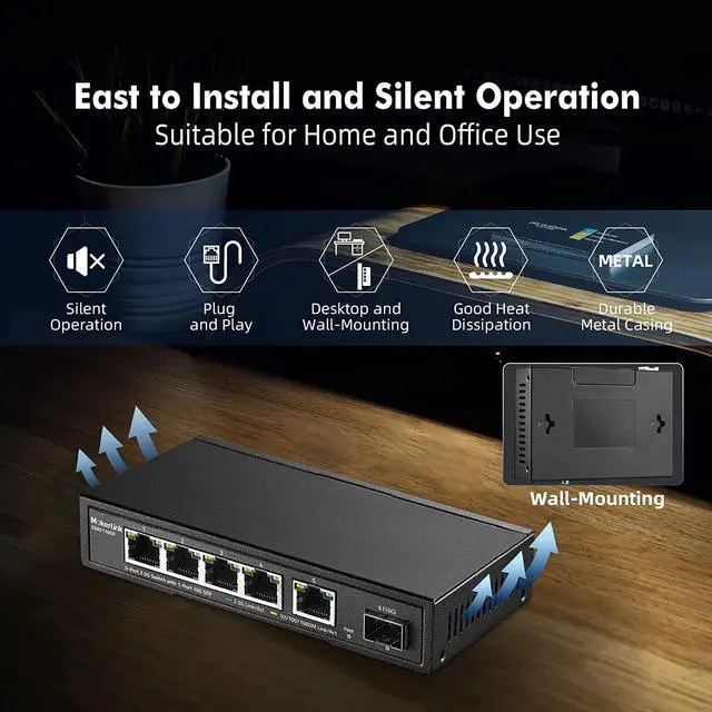 Alt view image 6 of 7 - MokerLink 5 Port 2.5G Ethernet Switch with 10G SFP, 5 x 2.5G Base-T Ports Compatible with 10/100/1000Mbps, Metal Unmanaged Fanless Network Switch
