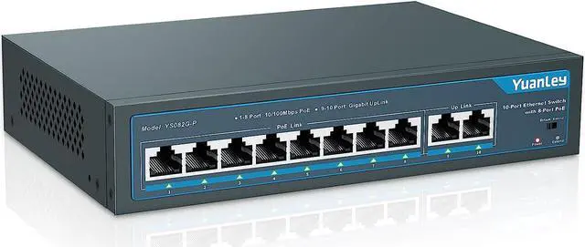 Main image of YuanLey 8 Port PoE Switch with 2 Gigabit Uplink, 8 PoE+ Port 100Mbps, 120W 802.3af/at, Extend Function, Metal, Fanless, Unmanaged Plug and Play Network Switch