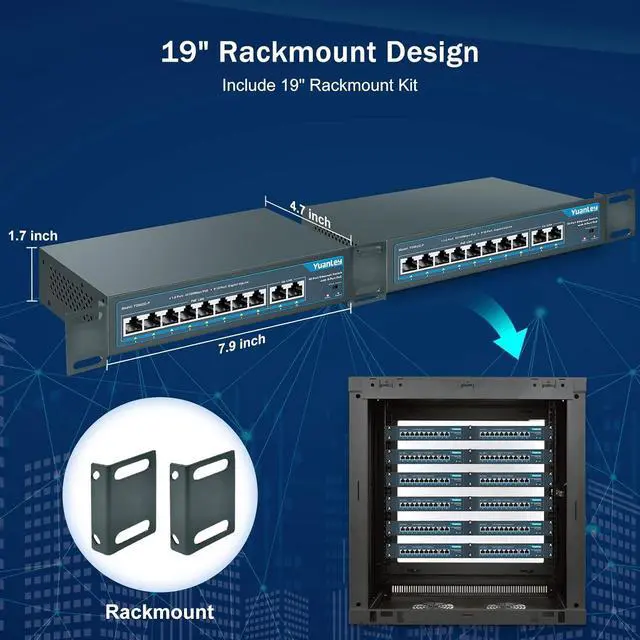 Alt view image 5 of 7 - YuanLey 8 Port PoE Switch with 2 Gigabit Uplink, 8 PoE+ Port 100Mbps, 120W 802.3af/at, Extend Function, Metal, Fanless, Unmanaged Plug and Play Network Switch