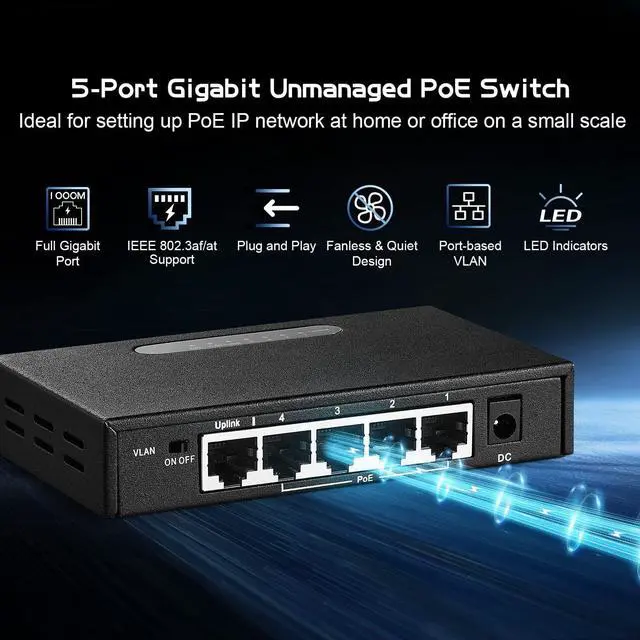 Alt view image 2 of 7 - Binardat 5 Port Gigabit POE Switch, 4 POE+ Ports 1000Mbps, 1 Gigabit Uplink, IEEE802.3af/at, 65W Power Supply, Mini Metal Case Unmanaged Plug and Play
