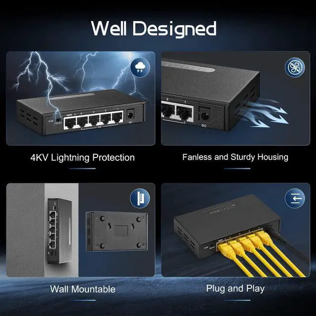 Alt view image 6 of 7 - Binardat 5 Port Gigabit POE Switch, 4 POE+ Ports 1000Mbps, 1 Gigabit Uplink, IEEE802.3af/at, 65W Power Supply, Mini Metal Case Unmanaged Plug and Play