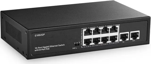 Main image of 10 Port Gigabit PoE Switch, YuLinca 8 Port Gigabit PoE+ and 2 Gigabit Uplink, 10/100/1000Mbps, IEEE802.3af/at Max 120W, Metal Fanless Unmanaged Plug&Play Ethernet Switch