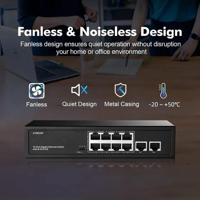 Alt view image 6 of 7 - 10 Port Gigabit PoE Switch, YuLinca 8 Port Gigabit PoE+ and 2 Gigabit Uplink, 10/100/1000Mbps, IEEE802.3af/at Max 120W, Metal Fanless Unmanaged Plug&Play Ethernet Switch