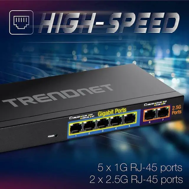 Alt view image 2 of 7 - TRENDnet 7-Port Multi-Gig Gaming Switch, TEG-S327, 5 x 1G RJ-45 Base-T Ports, 2 x 2.5G RJ-45 Ports, 20Gbps Switching Capacity, Wall Mountable, Plug & Play, Lifetime Protection, Black