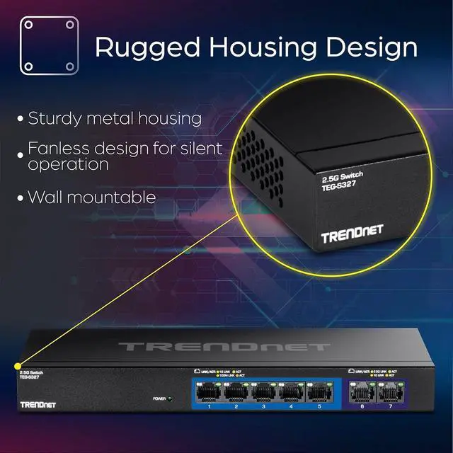 Alt view image 4 of 7 - TRENDnet 7-Port Multi-Gig Gaming Switch, TEG-S327, 5 x 1G RJ-45 Base-T Ports, 2 x 2.5G RJ-45 Ports, 20Gbps Switching Capacity, Wall Mountable, Plug & Play, Lifetime Protection, Black