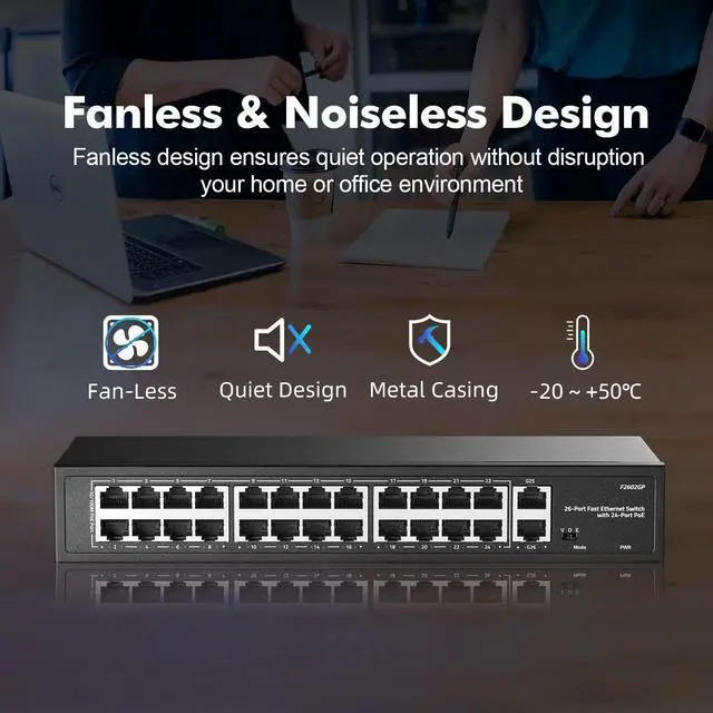 Alt view image 6 of 7 - 24 Port PoE Switch with 2 Gigabit Uplink, 100Mbps PoE+ Ports, 1000Mbps Uplink, IEEE802.3af/at, Max 300W, VLAN & PoE Extend 250m, YuLinca RackMount Fanless Unmanaged Ethernet Switch