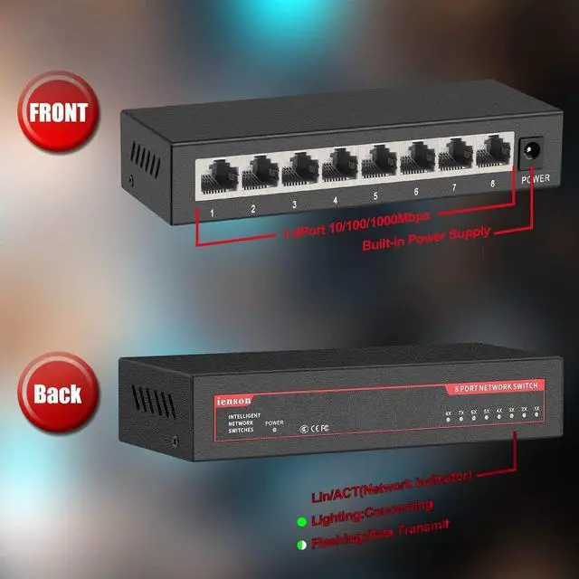 Alt view image 4 of 7 - ienRon 8 Ports Gigabit Ethernet Switch,Unmanaged Network Switch with Metal Case, | Plug & Play | Fanless&Shielded Ports | Traffic Optimization, Supported Desktop or Wall Mount, Easy to Take