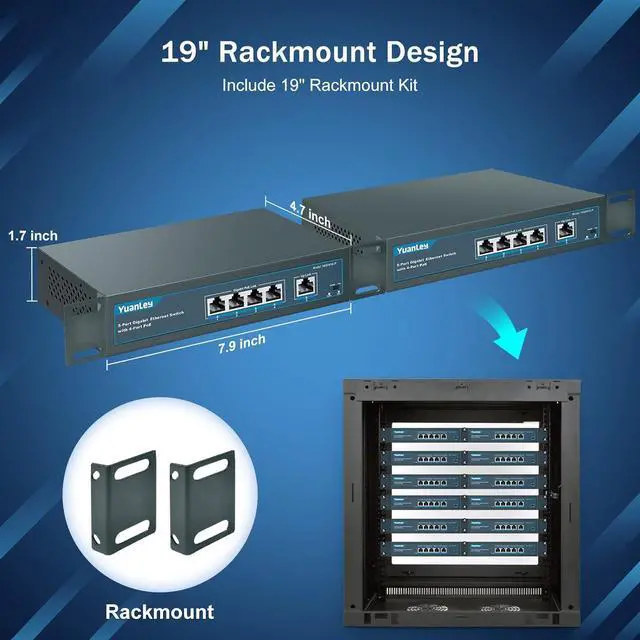 Alt view image 5 of 6 - YuanLey 5 Port Gigabit PoE Switch with 4 Port PoE+ 1000Mbps, 802.3af/at 78W Built-in Power, Fanless Metal Unmanaged Plug & Play