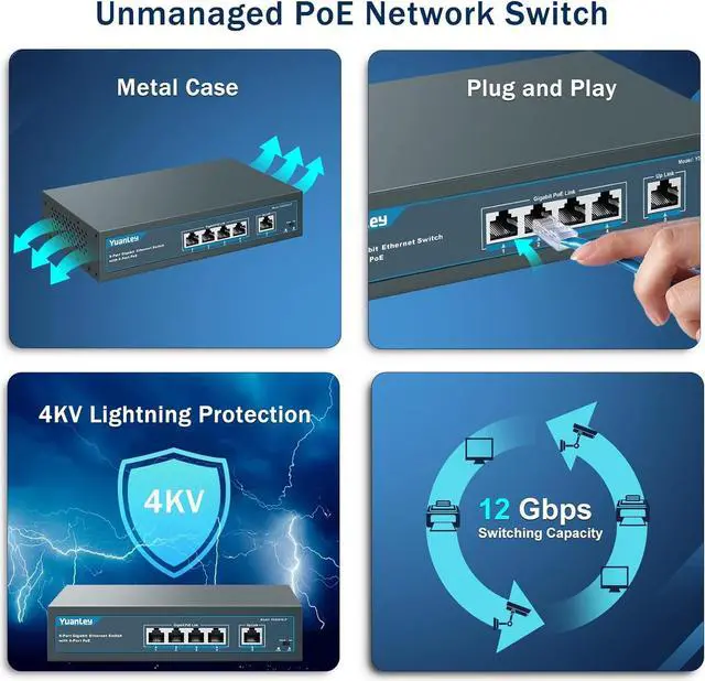 Alt view image 6 of 6 - YuanLey 5 Port Gigabit PoE Switch with 4 Port PoE+ 1000Mbps, 802.3af/at 78W Built-in Power, Fanless Metal Unmanaged Plug & Play