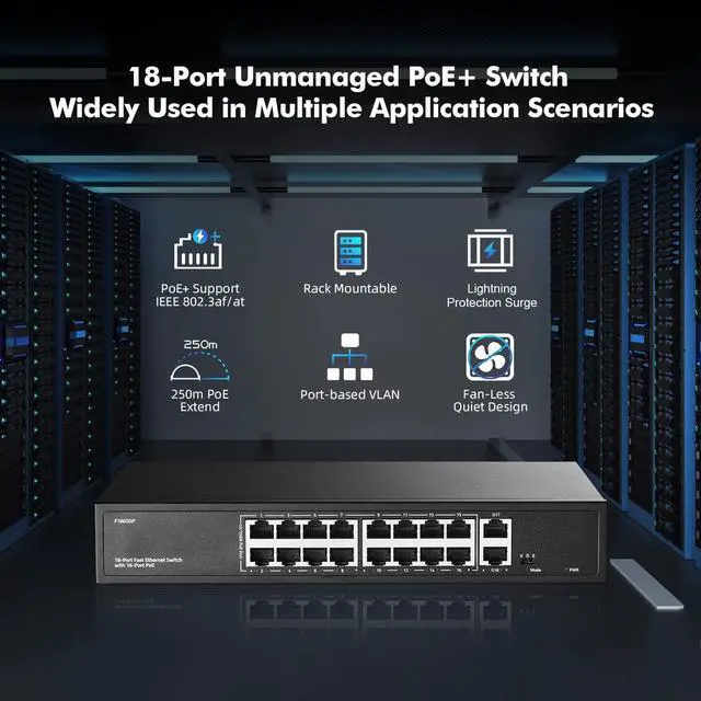 Alt view image 2 of 7 - 16 Port PoE Switch with 2 Gigabit Uplink, 10/100Mbps PoE+ Ports, 100/1000Mbps Uplink, IEEE802.3af/at, Max 200W, VLAN & PoE Extend 250m, YuLinca Metal RackMount Fanless Unmanaged Ethernet Switch