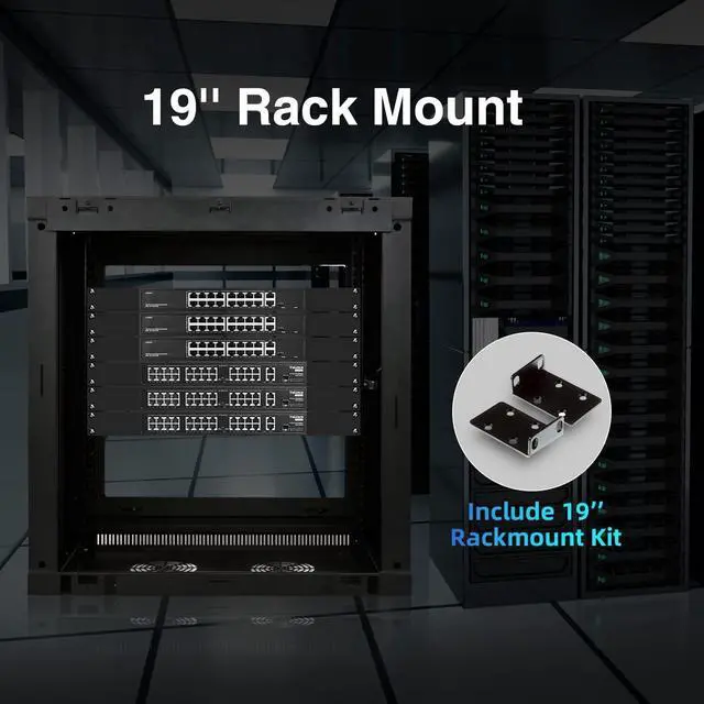 Alt view image 7 of 7 - 16 Port PoE Switch with 2 Gigabit Uplink, 10/100Mbps PoE+ Ports, 100/1000Mbps Uplink, IEEE802.3af/at, Max 200W, VLAN & PoE Extend 250m, YuLinca Metal RackMount Fanless Unmanaged Ethernet Switch