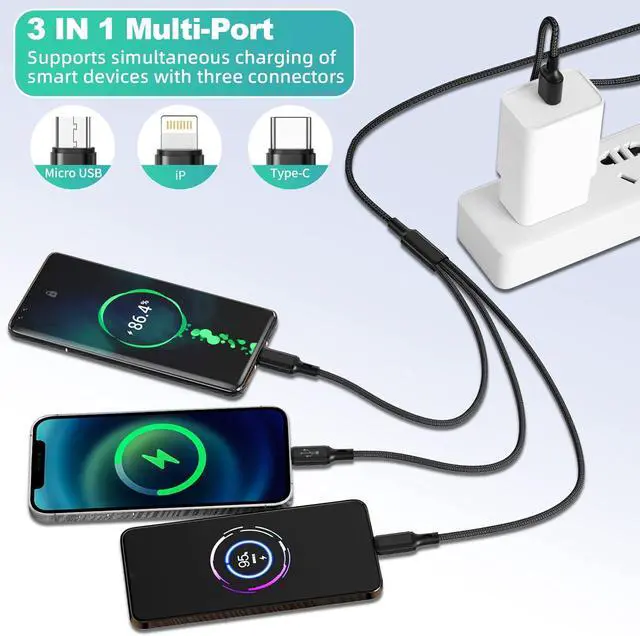 Alt view image 4 of 7 - Multi Charging Cable 2Pack 10FT 3 in 1 Universal Multiple USB Cable Organized Nylon Braided Fast Charging Cord Adapter with Type-c, Micro USB and Lightning for iPhone 15/15 Pro/Tablets/Samsung/LG