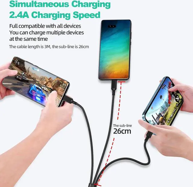 Alt view image 5 of 7 - Multi Charging Cable 2Pack 10FT 3 in 1 Universal Multiple USB Cable Organized Nylon Braided Fast Charging Cord Adapter with Type-c, Micro USB and Lightning for iPhone 15/15 Pro/Tablets/Samsung/LG