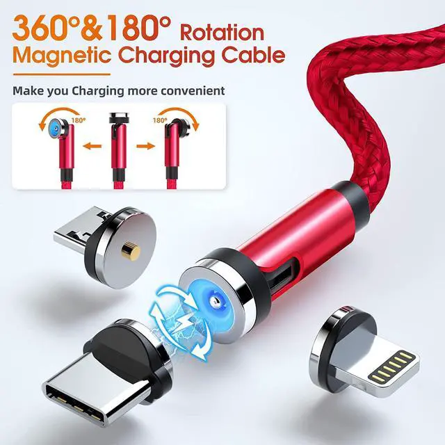Alt view image 2 of 7 - Ankndo Magnetic Charging Cable, 540° Rotating Phone Charger [6-Pack, 3ft/3ft/3ft/6ft/6ft/10ft] 3 in 1 Cable Nylon Braided USB for iPhone/Micro USB/Type C Device-Red
