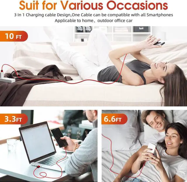 Alt view image 7 of 7 - Ankndo Magnetic Charging Cable, 540° Rotating Phone Charger [6-Pack, 3ft/3ft/3ft/6ft/6ft/10ft] 3 in 1 Cable Nylon Braided USB for iPhone/Micro USB/Type C Device-Red