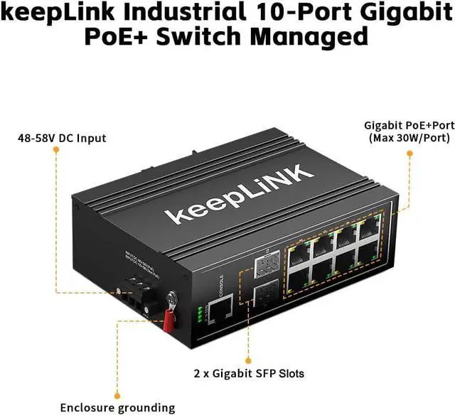 Alt view image 2 of 7 - 10-Port Industrial Gigabit PoE Switch, Managed with 8 PoE+@130W, 2 SFP Slots, DIN Rail Network Switch, IP40, Operating Temperature Range of -30°  75°C (-22°  167°F), Lifetime Protection