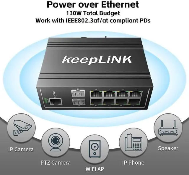 Alt view image 6 of 7 - 10-Port Industrial Gigabit PoE Switch, Managed with 8 PoE+@130W, 2 SFP Slots, DIN Rail Network Switch, IP40, Operating Temperature Range of -30°  75°C (-22°  167°F), Lifetime Protection