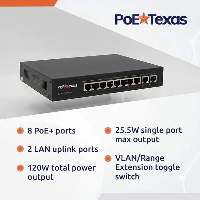 Alt view image 3 of 6 - PoE Texas 8 Port PoE Switch - 802.3af/at Power Over Ethernet with 8 PoE+ Ports, 2 LAN Uplink, VLAN & Extender - 120W High Speed Unmanaged Wired Network Switch - Security Camera, Video & More