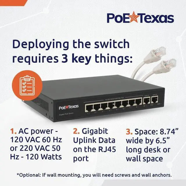 Alt view image 5 of 6 - PoE Texas 8 Port PoE Switch - 802.3af/at Power Over Ethernet with 8 PoE+ Ports, 2 LAN Uplink, VLAN & Extender - 120W High Speed Unmanaged Wired Network Switch - Security Camera, Video & More