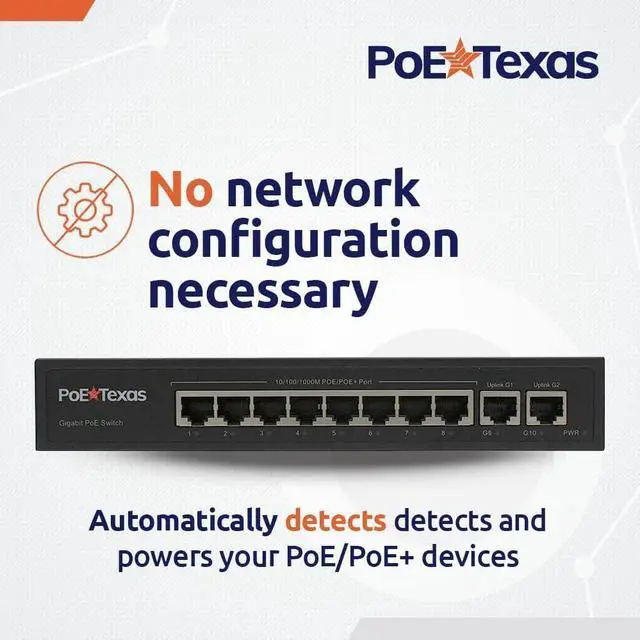 Alt view image 6 of 6 - PoE Texas 8 Port PoE Switch - 802.3af/at Power Over Ethernet with 8 PoE+ Ports, 2 LAN Uplink, VLAN & Extender - 120W High Speed Unmanaged Wired Network Switch - Security Camera, Video & More
