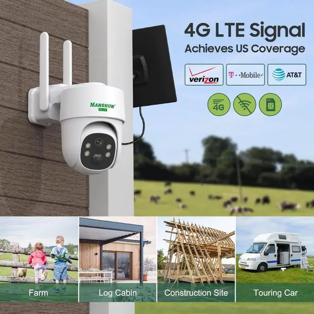 Alt view image 2 of 7 - Manshur® 4G LTE Cellular Security Camera Outdoor Wireless, Cameras Without WiFi Needed 360°PTZ 2K/3MP Color Night Vision, 2 Way Talk, PIR Motion Detection, Spotlight, No WiFi Supported, IP66, Cloud
