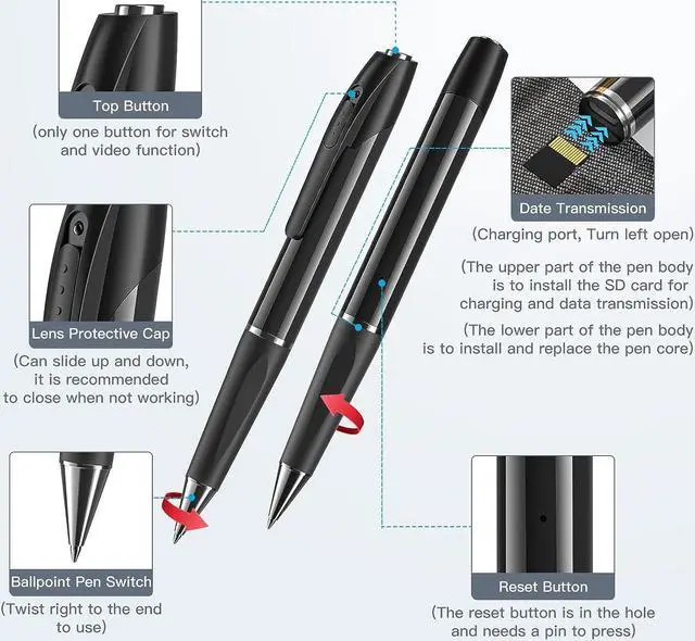 Alt view image 3 of 6 - Spy Hidden Camera Pen 1080P No WiFi Indoor Home Security Camera Outdoor Mini Body Video Camera Small Compact Secret Camera Monitor Nanny Camera