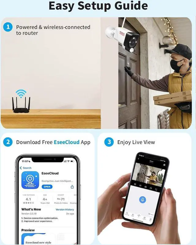 Alt view image 6 of 7 - [Add -on 3MP Camera] Tonton 3MP Ultra HD Wireless IP Network Camera Outdoor Indoor Security Camera with PIR Sensor, 2 Way Audio, Floodlight, Suitable for All of Tonton NVR and All in one Kits