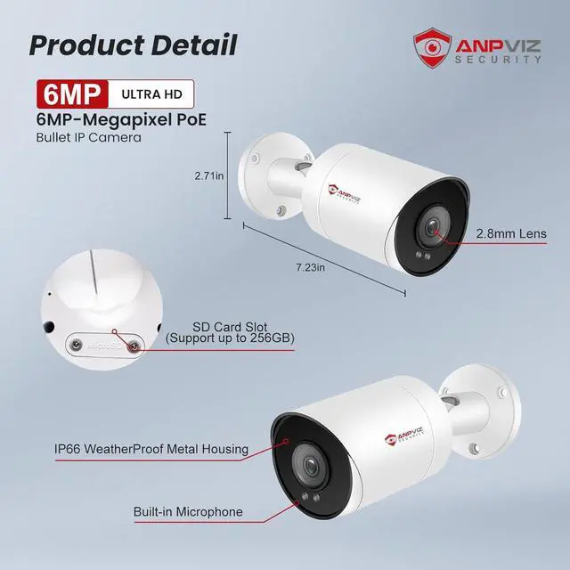 Alt view image 7 of 7 - Anpviz 6MP Bullet PoE IP Camera with Human & Vehicle Detection, Security IP Camera Outdoor Indoor, 100ft Smart Color Night Vision, 2.8mm Lens, MicroSD Slot(up to 256GB) for 24/7 Recording (U Series)
