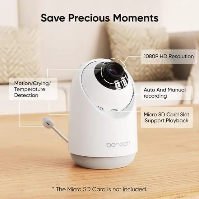 Alt view image 2 of 5 - bonoch Video Baby Monitor No WiFi, Local Storage+Playback, 1080p HD Camera&Display, Baby Monitor with Camera and Audio, 7800mAh, 1800ft Range, Motion&Sound Detection, Hack-Proof, Additional 110° Lens